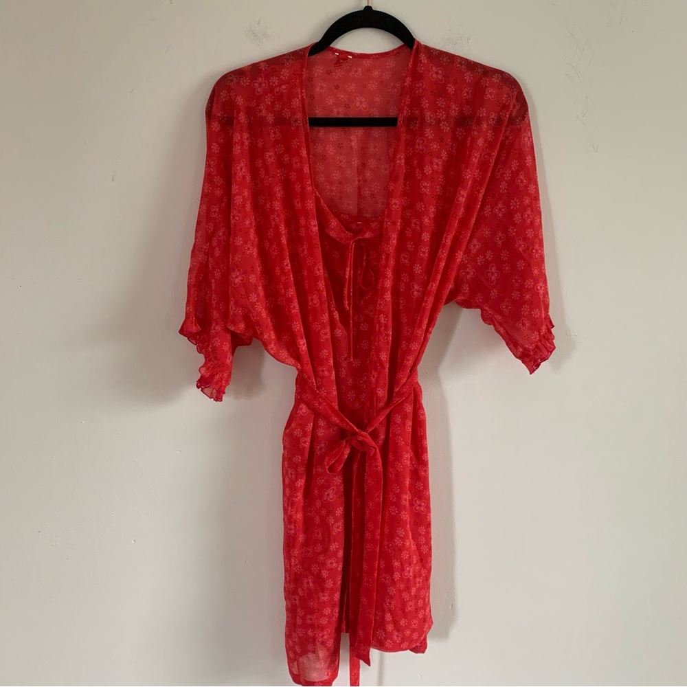 Josie Natori Red Floral Slip and Robe Set